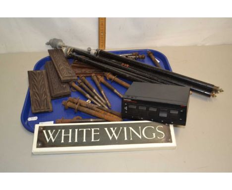 Tray of various mixed items to include camera tripod, a transmatch five way speaker distribution box, a copper signed marked 
