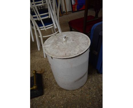 A large enamel flour or bed bin, one handle detached