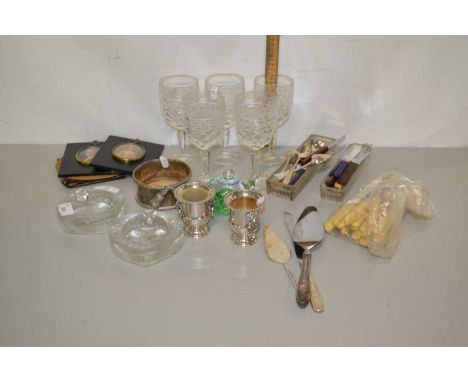 Mixed Lot: Various assorted cutlery, glass wares, framed portrait prints etc