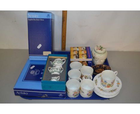 Tray of mixed items to include Aynsley coffee cans and saucers, Coalport miniature tea set and other items