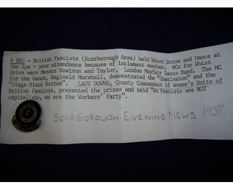 British Fascists enamel County Commanders badge by the Birmingham Medal Co. with copy of newspaper extract from 1937 relating