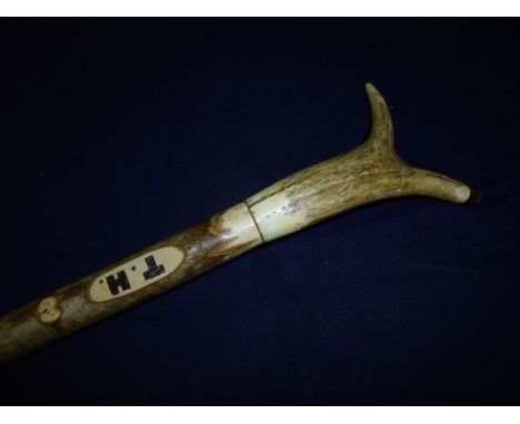 Shepard's style antler top thumb stick with inset initials T.H 