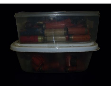Selection of various vintage paper shotgun cartridges in two boxes including Pall Mall, military issue, Eley Grand Prix, Eley