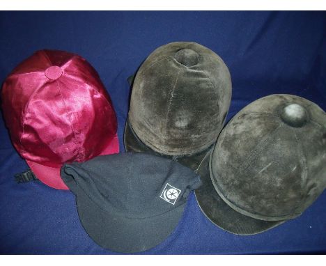 Selection of riding hats (modern and vintage style), two boot bags and a selection of skull cap silks