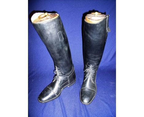 Pair of gents black leather Regent size 11 riding/hunting boots with part laced fronts complete with wooden sectional trees w