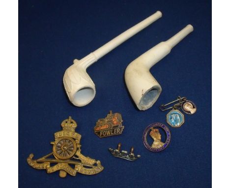 Royal Artillery cap badge, HM King Edward VIII Coronation 1937 enamel badge, two clay pipes etc.