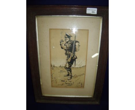 WWI period framed and mounted pen & ink sketch of British soldier indistinctly signed Fred Youngs? inscribed 'Arf A Mo Kaiser