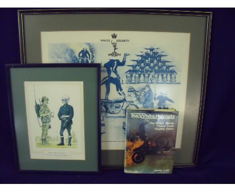 Framed and mounted White Helmet Royal Signals Motorcycle Display Team picture, another similar and a White Helmets by James L