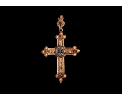 18th century AD. A gold cruciform pendant with suspension loop, applied leaf detailing to the arms, trefoil finials, filigree