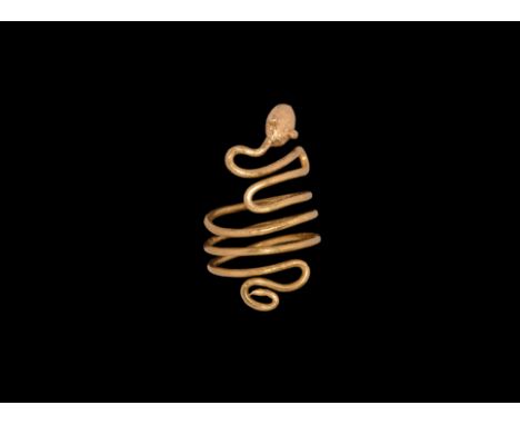 Roman Period, 30 BC-323 AD. A gold snake ring comprising a slender coiled wire body with looped tail, S-curved neck and disco