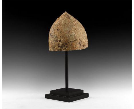 8th-11th century AD. A Viking or Norman four-plate iron helmet, constructed of triangular sections, skillfully made to accomm