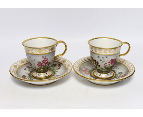 A pair of early 19th century Paris porcelain botanical cups and saucers, one signed Dihl, 9cm high