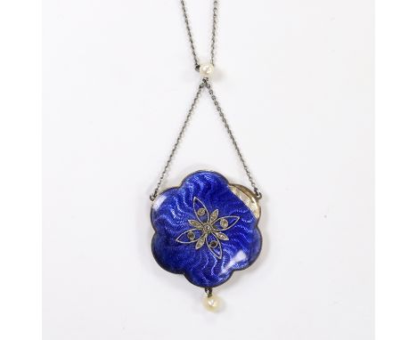 An Edwardian white metal, enamel, seed pearl and rose cut diamond chip set drop pendant necklace, overall 47cm (a.f.)