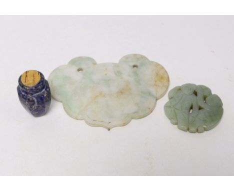 Two Chinese jade carvings and a lapis lazuli snuff bottle, largest 12cm wide