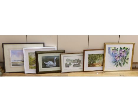 Five various pictures including a pastel and watercolour by Yvonne Wemyss, Still life of flowers, together with an embroidery