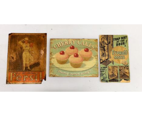 A vintage style 'Cherry Cakes' advertising sign, width 38cm, height 30cm, Typrod Mats car sign and one other