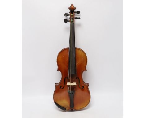 A cased 3/4 sized student violin marked Dresden, with reproduction Stradivarius label