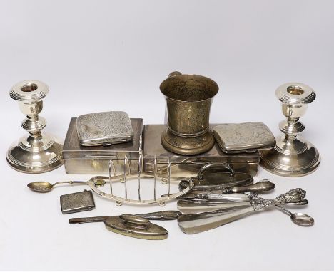 A George V silver christening mug by Charles Edwards, London, 1912, 86mm, together with two silver mounted cigarette boxes, t