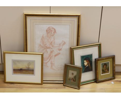Five various paintings and prints including a mid Victorian watercolour portrait of a lady, a sanguine chalk study and a wate