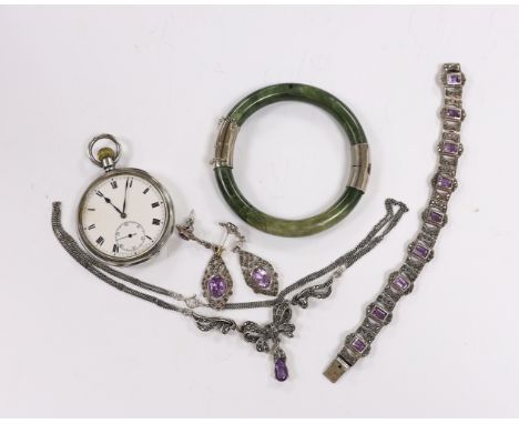 A Georg V silver Zenith open face keyless pocket watch, with Roman dial and subsidiary seconds, a 925, amethyst and marcasite