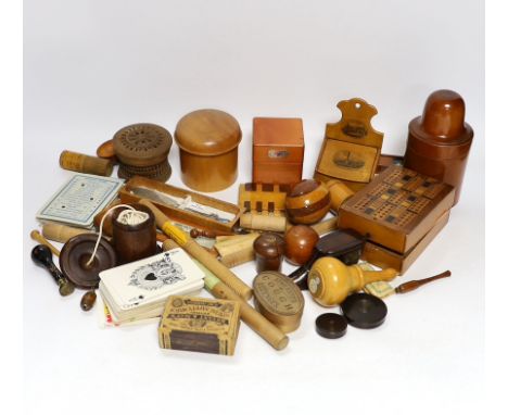 A quantity of assorted treen items and playing cards