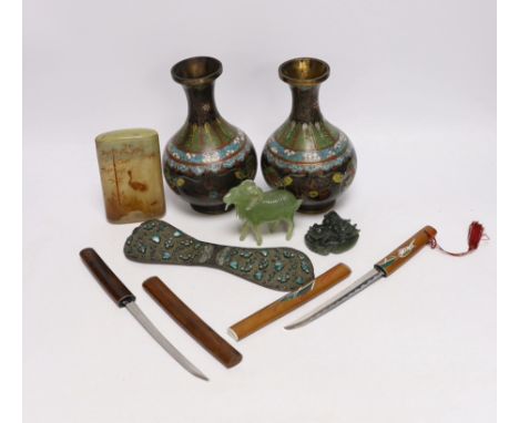 A collection of Chinese and other Oriental items, including a pair of Chinese cloisonné enamel vases, 16.5cm