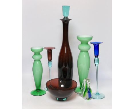 A quantity of various glass to include a Royal Copenhagen Harlekin glass decanter, two candlesticks, another pair of candlest