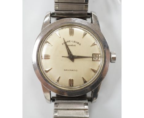 A gentleman's stainless steel Favre Leuba Daymatic manual wind wrist watch, on associated flexible strap.