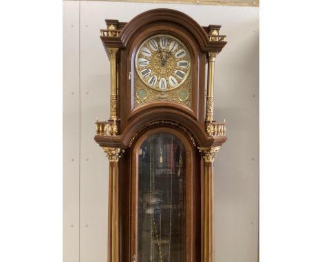 A mid 20th century Continental gilt metal mounted beech musical longcase clock, height 206cm