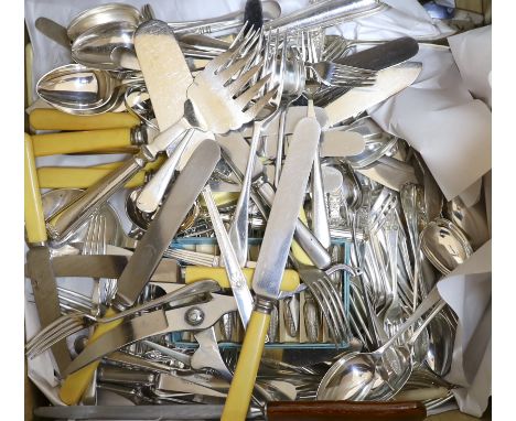 A large quantity of assorted plated cutlery, including a part canteen of Valiant Plate cutlery