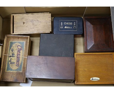 A collection of chess sets (six boxed) and one set of draughts, two boxes marked Jaques