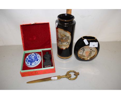 Mixed Lot:  Two Chokin vases together with a further boxed Chinese tourist ware seal and ceramic jar and a further paper knif