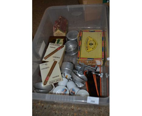 Box of mixed items to include royalty tea set, glass magic lantern slides, Havana Cigar advertising cards etc