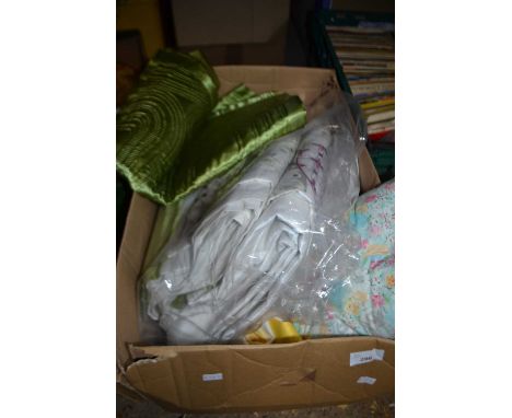 Box of various assorted cushions, curtains and other items