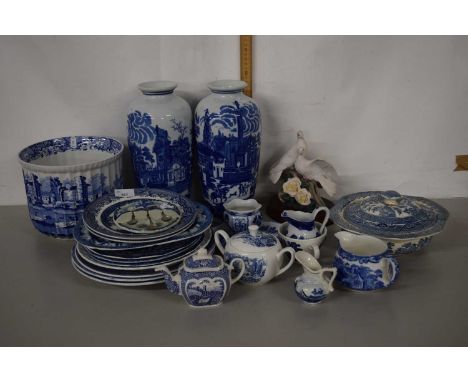 Mixed Lot: Various blue and white ceramics to include a Spode Italian pattern jardiniere, a pair of blue and white vases and 