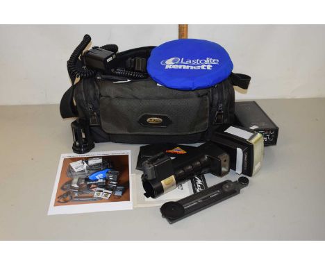 A camera bag containing Mecablitz CT4 flash with Nikon TTL adaptor, quantum battery etc
