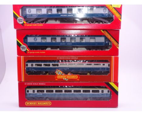 OO GAUGE - A group of Hornby passenger coaches comprising 2x Mark 3 coaches and 2x Golden Arrow coaches all in blue/grey live