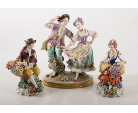 Sitzendorf group, gentleman and lady dancing, 20cm, together with two other Sitzendorf figures, lady and gentleman, (3)