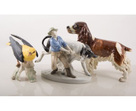 Soviet Russian pottery model of a horse, printed mark, 22cm, a Goebel dog,a Goebel Golden Oriole, and a Continental porcelain