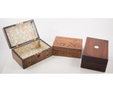 Victorian walnut workbox, marquetry banding, 25cm, a Victorian rosewood work box; a carved adjustable bookrack, and a brass a