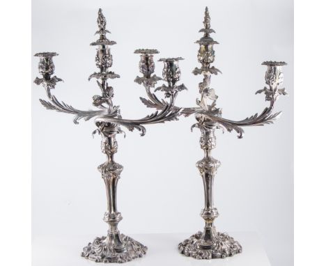 A fine pair of cast and electroplated plated three light table candelabra, rococo bases, height 62cm.