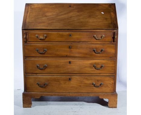 George III mahogany bureau, fall front enclosing fitted interior, with cupboard drawers and pigeon holes, four long graduatin