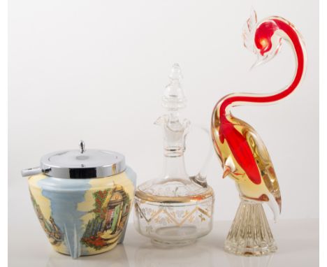 Two part teasets, Beswick dog, other models, biscuit barrel, caster, decanter and Murano style bird.