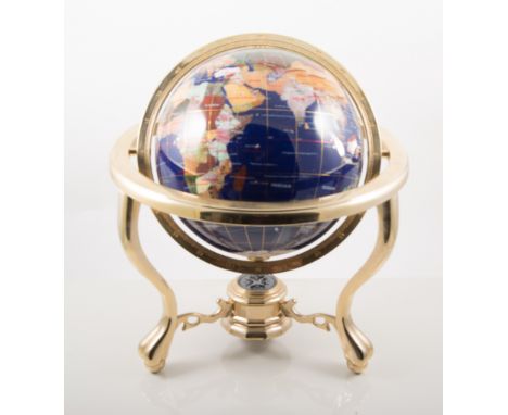 Brass framed globe, inlaid with mother of pearl and hard stones, 8 inch globe, 37cm total height.