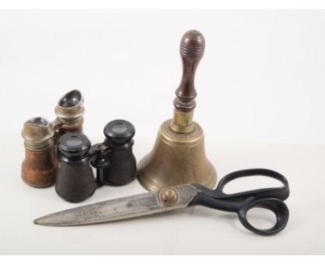 Pair of Wilkinson drapers scissors, two pairs of binoculars and handbell, (4)