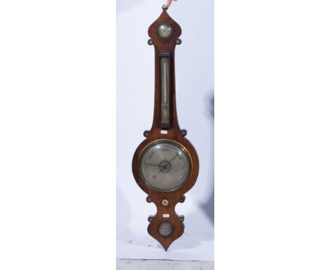 Wall-mounted barometer thermometer, carved stained wood case, 84cm.