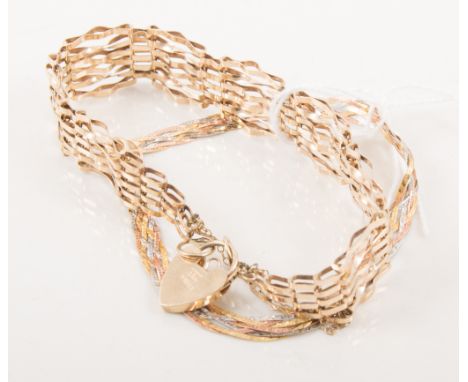 Two 9 carat gold bracelets, a six row gate link bracelet with padlock fastener, a six strand 9 carat yellow, red and white go