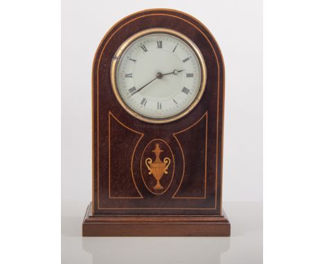 Edwardian mantel clock, inlaid mahogany domed case, enamel dial, cylinder movement, 24cm.