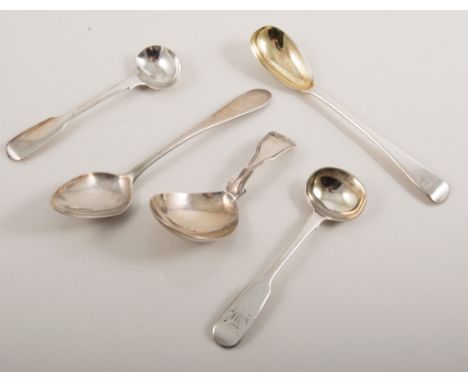 Four caddy spoons, three hallmarked silver to include a Victorian shell bowl spoon London 1841, three silver salt spoons and 