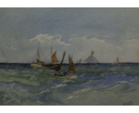 Fanny Violet Shoosmith,  "Seascape with sailing ships", watercolour 12cm x 17cm, Footnote F L Shoosmith was a Northamptonshir